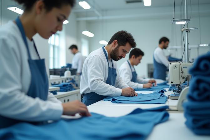 Skilled artisans working in a modern apparel factory, showing precision and dedication.